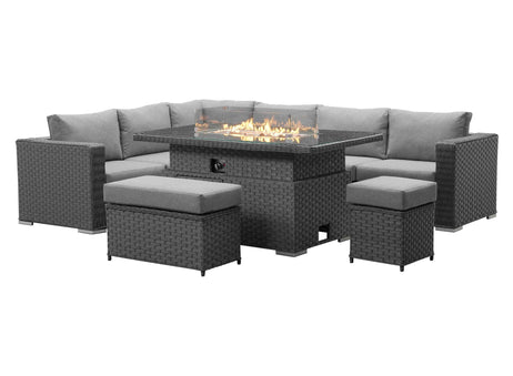 Apollo Luxury Rattan Left Hand Corner Sofa Stool Bench and Rising Fire Pit Table - Grey