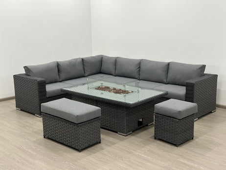 Apollo Luxury Rattan Left Hand Corner Sofa Stool Bench and Rising Fire Pit Table - Grey