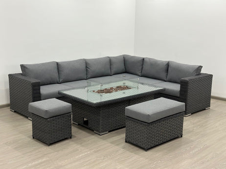Apollo Luxury Rattan Right Hand Corner Sofa Stool Bench and Rising Fire Pit Table - Grey