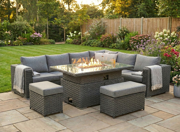 Apollo Luxury Rattan Right Hand Corner Sofa Stool Bench and Rising Fire Pit Table - Grey