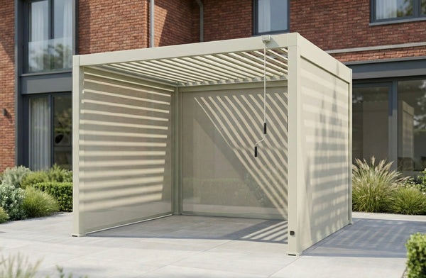 LuxShade™ 3x3m Pebble Aluminium Pergola with LEDs, Double-Layered Roof & 3 Blinds