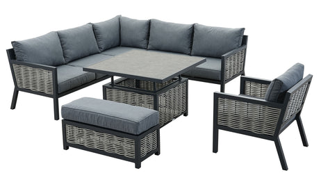 Lisbon Aluminium Corner Sofa, Chair, Bench & Rising Table Dining Set | Dark Grey
