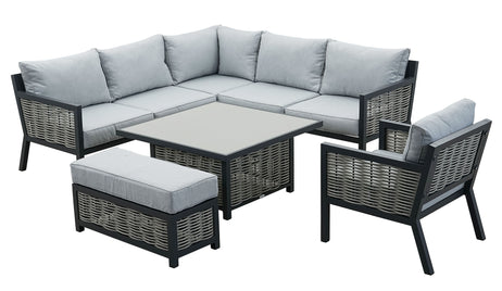 Lisbon Aluminium Corner Sofa, Chair, Bench & Rising Table Dining Set | Light Grey