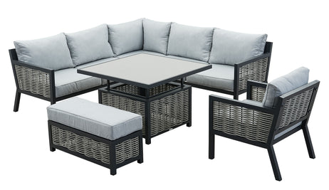 Lisbon Aluminium Corner Sofa, Chair, Bench & Rising Table Dining Set | Light Grey
