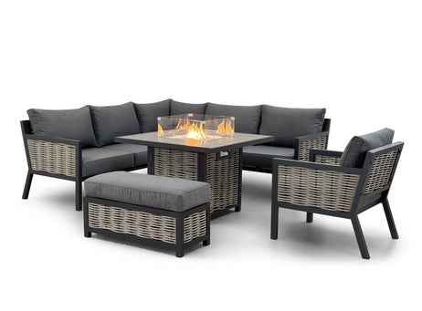 Porto Aluminium Corner Sofa, Chair, Bench with Ceramic Fire Pit Table Set in Grey