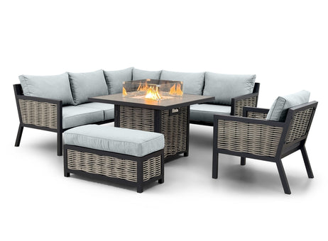 Porto Aluminium Corner Sofa, Chair, Bench with Ceramic Fire Pit Table Set in Light Grey