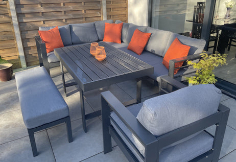 Aluminium Left Hand Corner Garden Sofa & Dining Set with Bench - Dark Grey