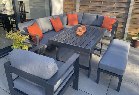 Aluminium Right Hand Corner Garden Sofa & Dining Set with Bench - Dark Grey