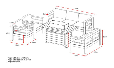 Modern 7-Seater Aluminium Fire Pit Lounge Set (3 Seater, 2 Seater, 2 Armchairs) Grey