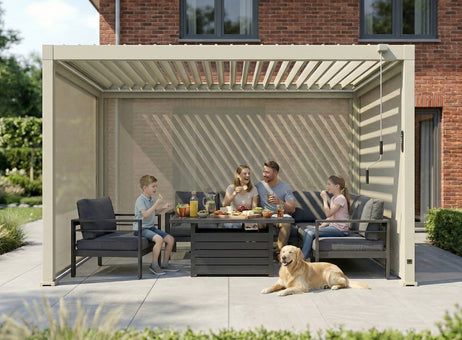 LuxShade™ 3x4m Pebble Aluminium Pergola with LEDs, Double-Layered Roof & 3 Blinds