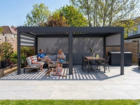 MotaShade™ 3x6m Motorised Aluminium Pergola, Double-Layer Louvres, LEDs & 4 Windscreens