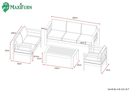 Aluminium 4-Piece Garden Furniture Set - 6 Seater Lounge (3+2+1) - Black and Grey