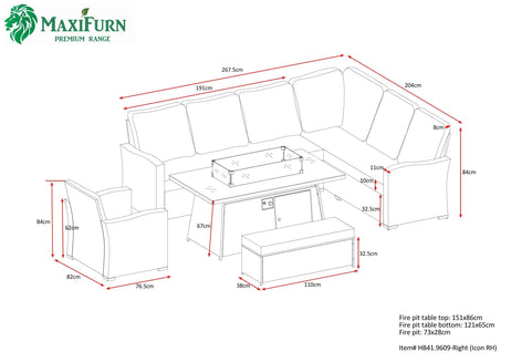 Icon Luxury Rattan Right Hand Corner Sofa Chair Bench and Fire Pit Table - Dark Grey