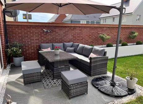 Kos Rattan Left Hand Corner Sofa, Rising Table, Stool & Bench - Mixed Grey / Light