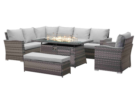 Icon Luxury Rattan Left Hand Corner Sofa Chair Bench and Fire Pit Table - Light Grey