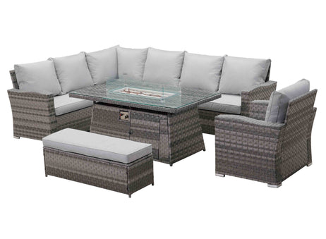 Icon Luxury Rattan Left Hand Corner Sofa Chair Bench and Fire Pit Table - Light Grey