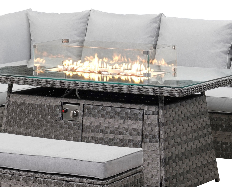 Icon Luxury Rattan Left Hand Corner Sofa Chair Bench and Fire Pit Table - Light Grey