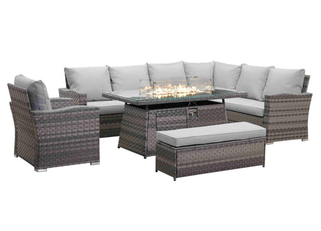 Icon Luxury Rattan Right Hand Corner Sofa Chair Bench and Fire Pit Table - Light Grey