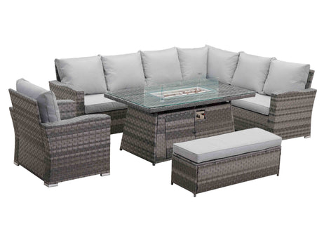 Icon Luxury Rattan Right Hand Corner Sofa Chair Bench and Fire Pit Table - Light Grey