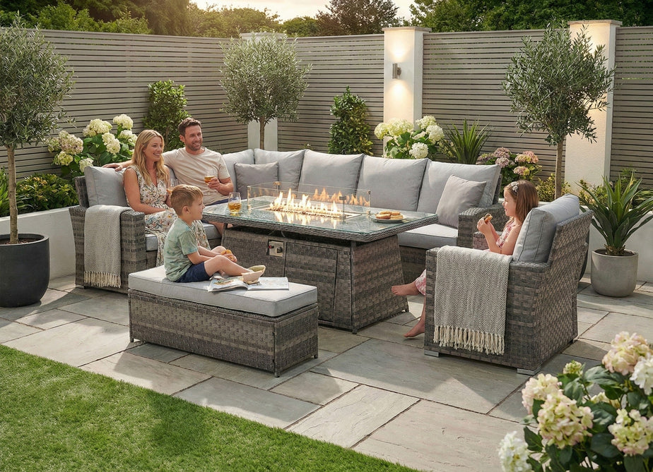 Icon Luxury Rattan Left Hand Corner Sofa Chair Bench and Fire Pit Table - Light Grey