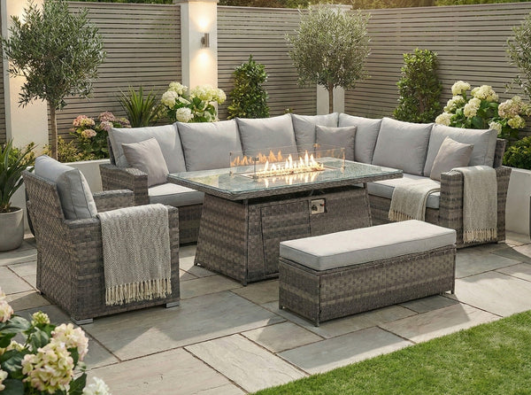 Icon Luxury Rattan Right Hand Corner Sofa Chair Bench and Fire Pit Table - Light Grey