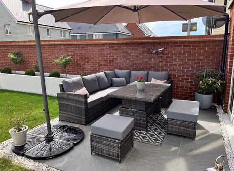 Kos Rattan Right Hand Corner Sofa, Rising Table, Stool & Bench - Mixed Grey / Light