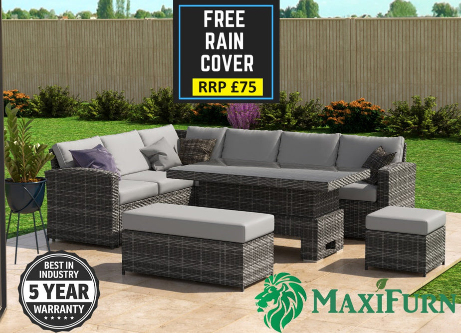Kos Rattan Left Hand Corner Sofa, Rising Table, Stool & Bench - Mixed Grey / Light