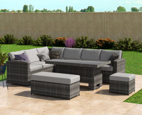Kos Rattan Left Hand Corner Sofa, Rising Table, Stool & Bench - Mixed Grey / Light