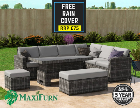 Kos Rattan Right Hand Corner Sofa, Rising Table, Stool & Bench - Mixed Grey / Light