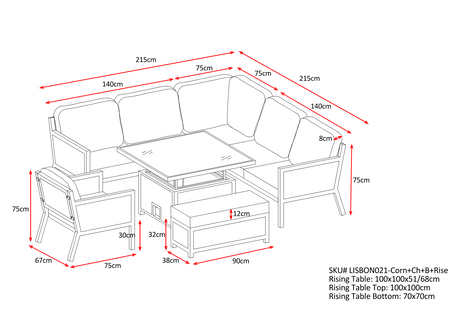 Lisbon Aluminium Corner Sofa, Chair, Bench & Rising Table Dining Set | Light Grey