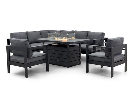 Aluminium Left Hand Corner Garden Sofa Set with Fire Pit Table & Armchairs - Grey