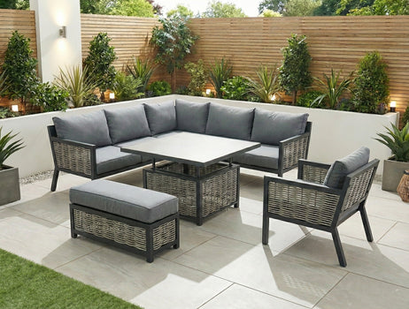 Lisbon Aluminium Corner Sofa, Chair, Bench & Rising Table Dining Set | Dark Grey