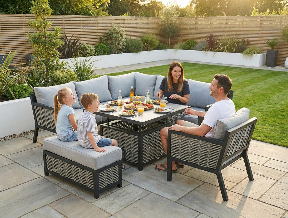 Lisbon Aluminium Corner Sofa, Chair, Bench & Rising Table Dining Set | Light Grey