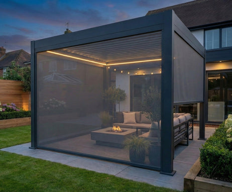 MotaShade™ 3x3m Motorised Aluminium Pergola - Double-Layer Louvers, LEDs & 3 Windscreens
