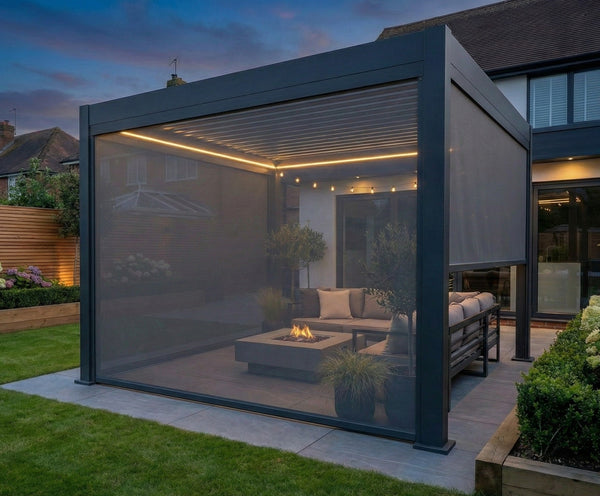 MotaShade™ 3x3m Motorised Aluminium Pergola - Double-Layer Louvers, LEDs & 3 Windscreens