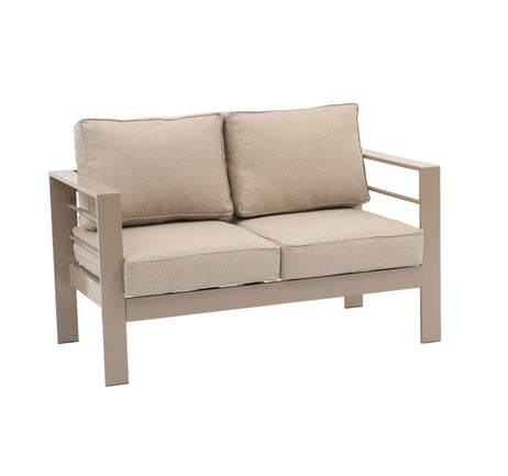 Modern 7-Seater Aluminium Fire Pit Lounge Set (3 & 2 Seater, 2 Chairs) - Taupe / Natural