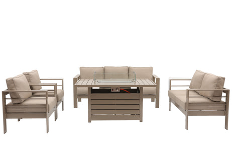 Modern 7-Seater Aluminium Fire Pit Lounge Set (3 & 2 Seater, 2 Chairs) - Taupe / Natural