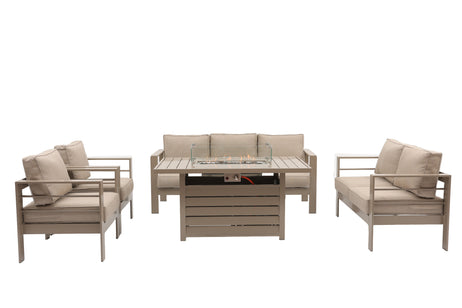 Modern 7-Seater Aluminium Fire Pit Lounge Set (3 & 2 Seater, 2 Chairs) - Taupe / Natural