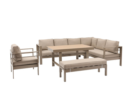 Aluminium Right Hand Corner Garden Sofa & Dining Set with Bench - Taupe / Natural