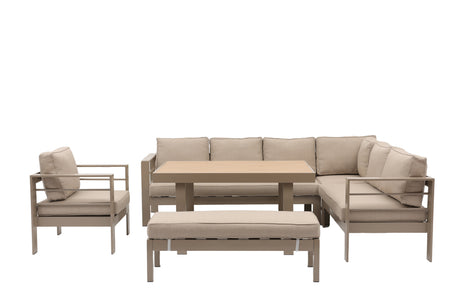 Aluminium Right Hand Corner Garden Sofa & Dining Set with Bench - Taupe / Natural