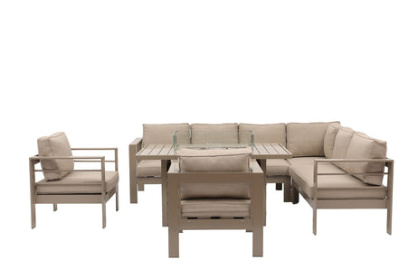Aluminium Right-Hand Corner Garden Sofa Set with Fire Pit Table & Armchairs - Taupe / Natural