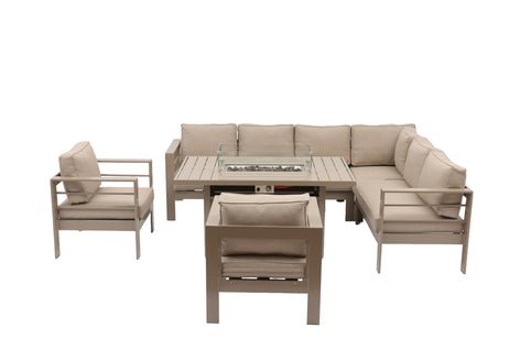 Aluminium Right-Hand Corner Garden Sofa Set with Fire Pit Table & Armchairs - Taupe / Natural