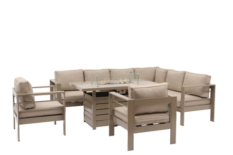 Aluminium Right-Hand Corner Garden Sofa Set with Fire Pit Table & Armchairs - Taupe / Natural