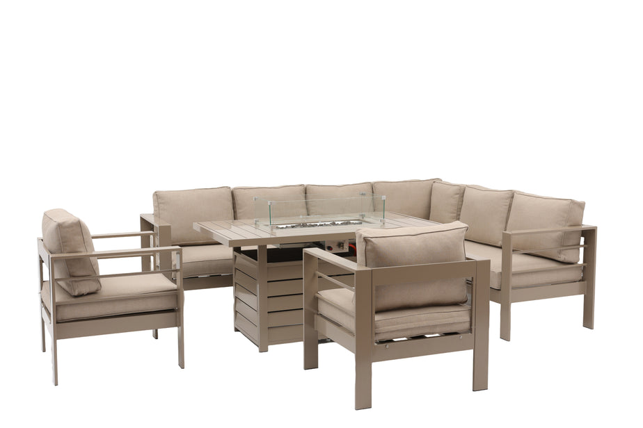 Aluminium Right-Hand Corner Garden Sofa Set with Fire Pit Table & Armchairs - Taupe / Natural