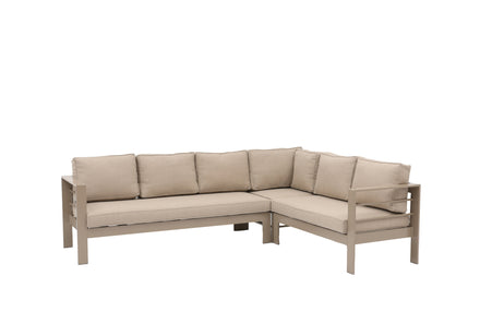 Aluminium Right-Hand Corner Garden Sofa Set with Fire Pit Table & Armchairs - Taupe / Natural