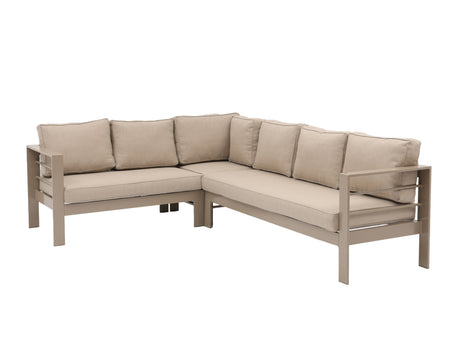 Aluminium Left-Hand Corner Garden Sofa Set with Fire Pit Table & Armchairs - Taupe / Natural