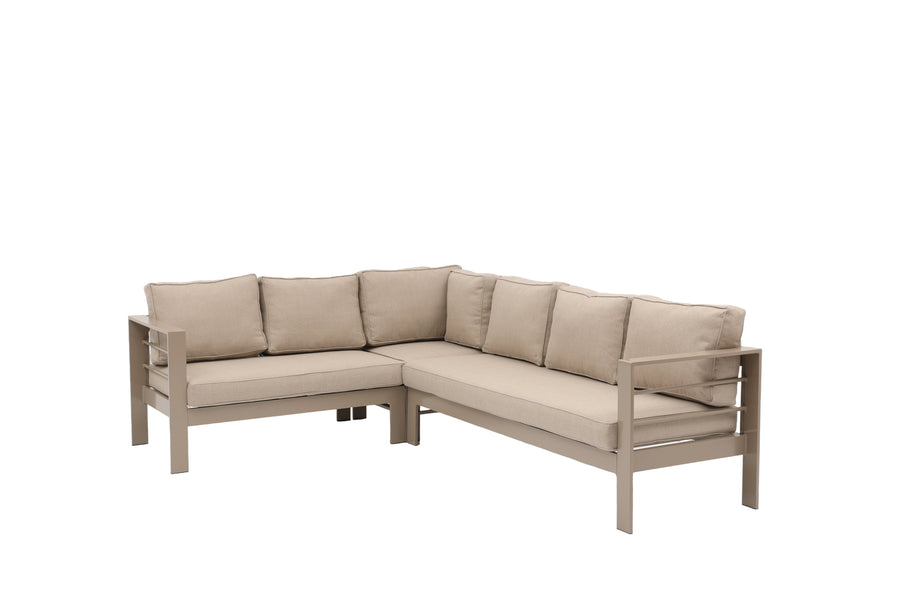 Aluminium Left Hand Corner Garden Sofa & Dining Set with Bench - Taupe / Natural