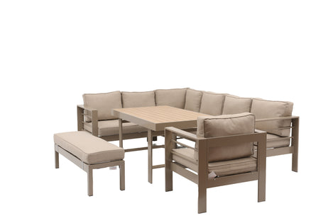 Aluminium Left Hand Corner Garden Sofa & Dining Set with Bench - Taupe / Natural