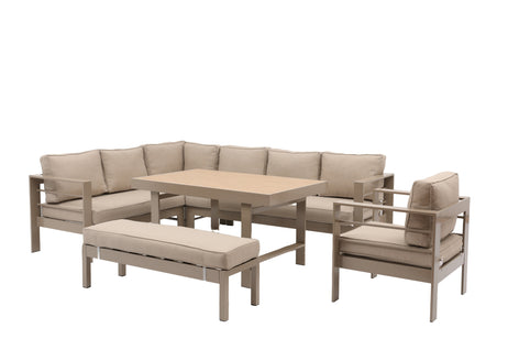 Aluminium Left Hand Corner Garden Sofa & Dining Set with Bench - Taupe / Natural