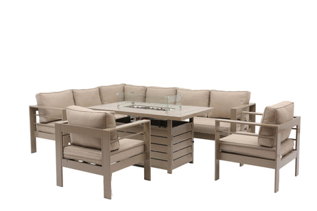 Aluminium Left-Hand Corner Garden Sofa Set with Fire Pit Table & Armchairs - Taupe / Natural
